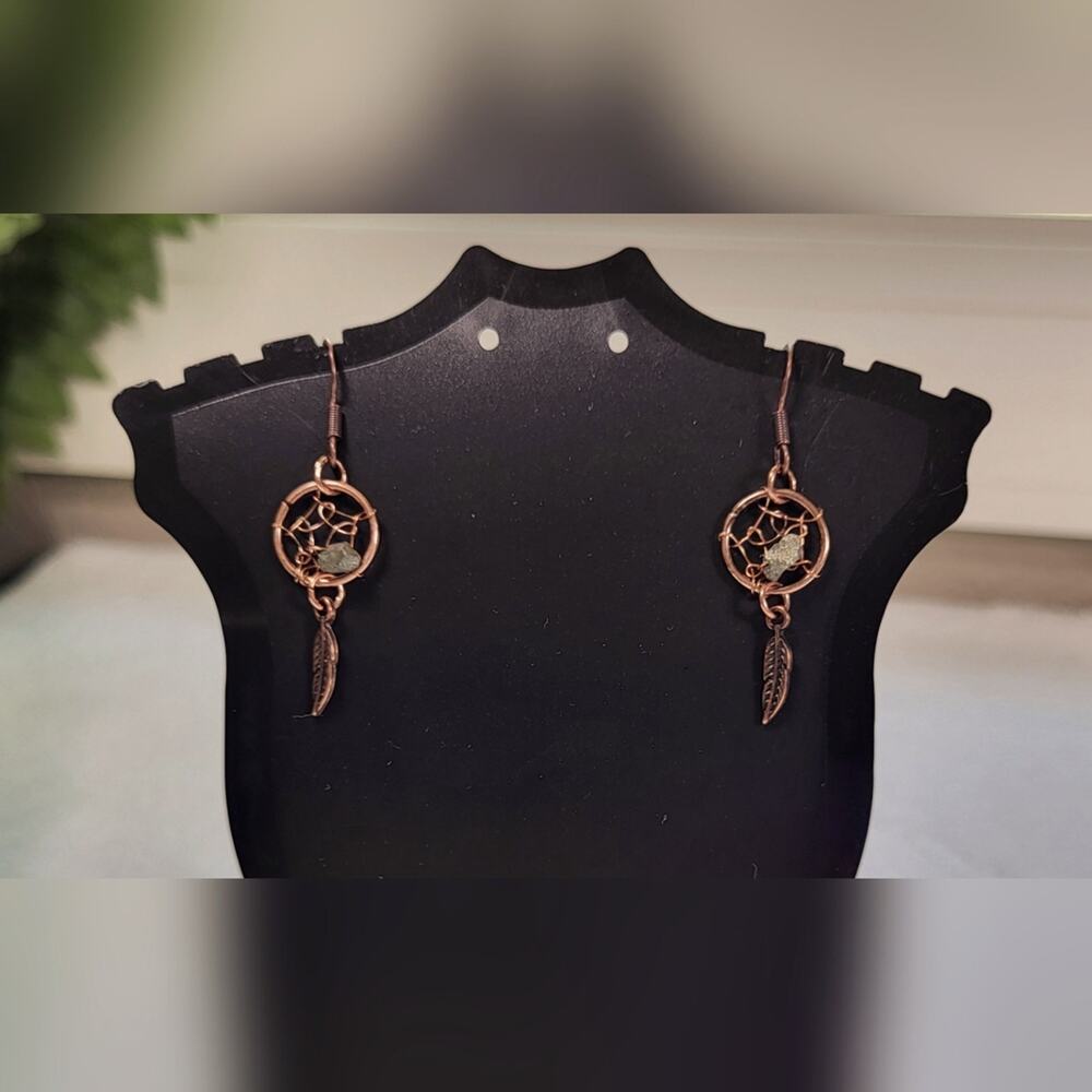 Copper Dreamcatcher Earrings with Gray Stone Accent - Picture 2 of 6